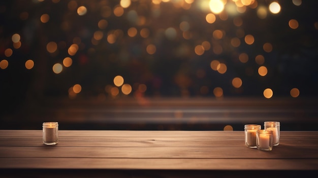 Houten tafel met bokeh-verlichting voor de achtergrond van de productweergave