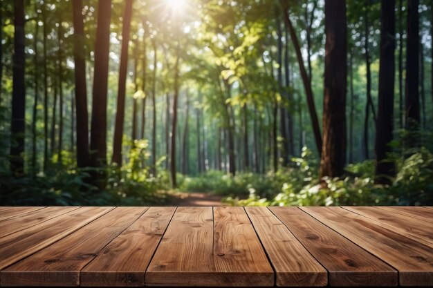 Houten tafel met bos achtergrond