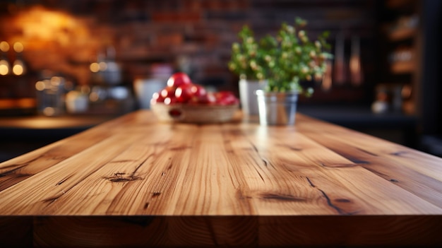 houten tafel met een achtergrond van keuken