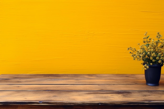 Houten tafel met een boeket bloemen op een gele achtergrond