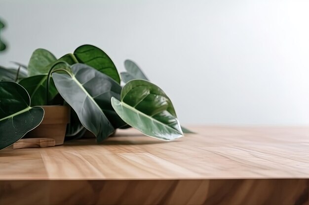 Houten tafel met een groene potplant gemaakt met generatieve AI-technologie