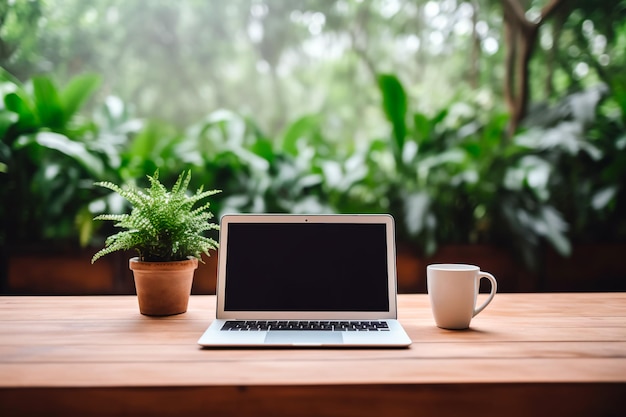 Houten tafel met een laptop met een wit leeg scherm vergezeld van een kop koffie