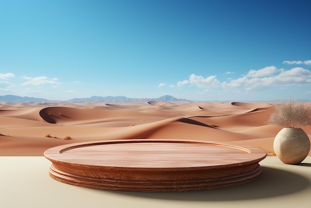 Houten tafel met een levendige achtergrond in woestijnstijl.