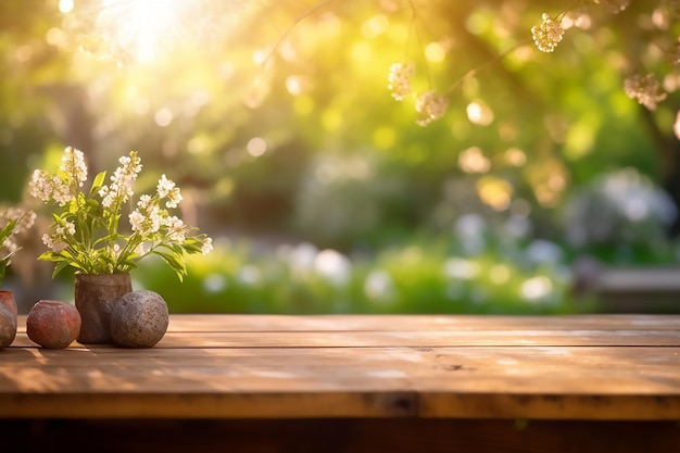 Houten tafel met een vaas met bloemen en onscherpe achtergrond van bomen en een zonnestraal