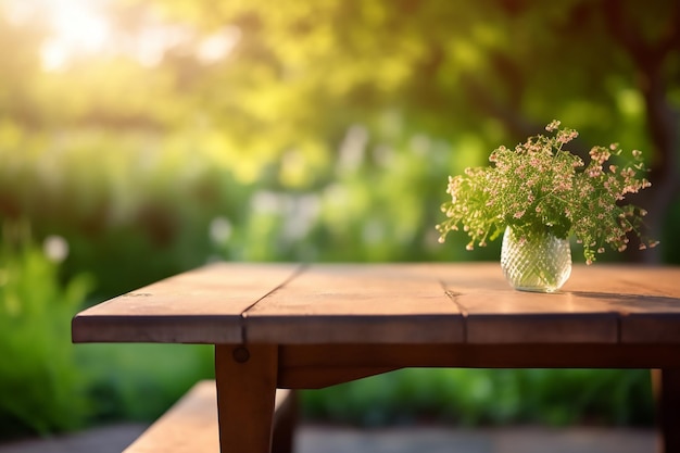 Houten tafel met een vaas met bloemen