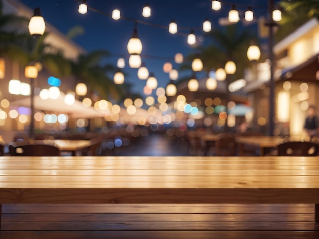 Houten tafel met een wazige achtergrond van een strandcafé