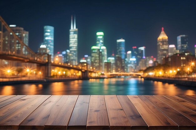 Houten tafel met een wazige achtergrond van het stadsbeeld