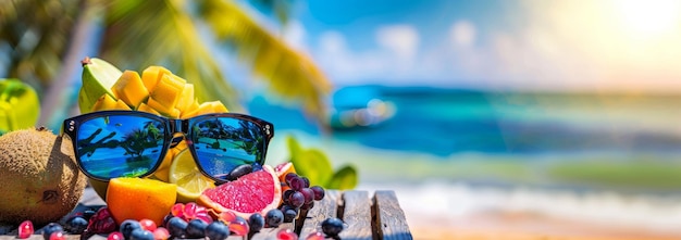 Houten tafel met fruit en zonnebril