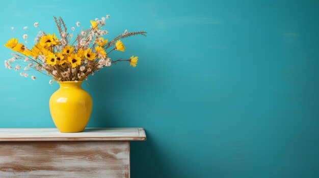 Houten tafel met gele vaas met een boeket veldbloemen bij een lege blanco turquoise muur