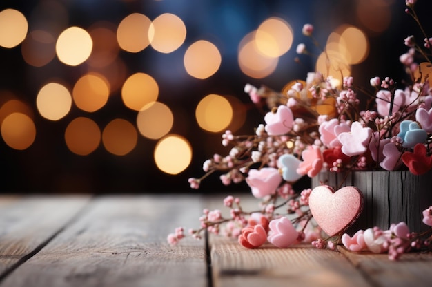 Foto houten tafel met harten op de voorgrond kleurrijke achtergrond op het thema van valentijnsdag