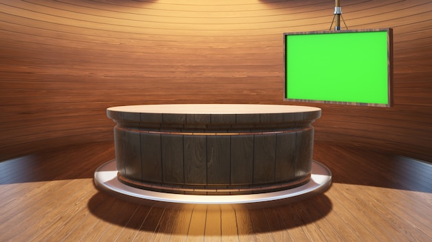 Houten tafel met houten achtergrond en groen scherm in nieuwsstudio 3D illustratie