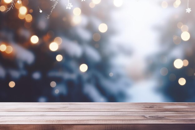 Houten tafel met kerstbokeh achtergrond Mock up