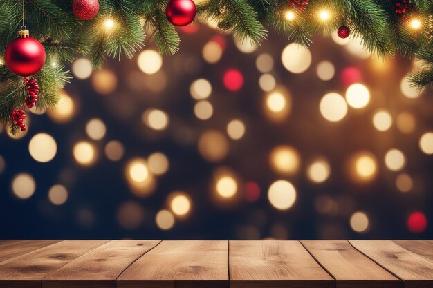 Houten tafel met kerstboom en decoratie Bokeh achtergrond