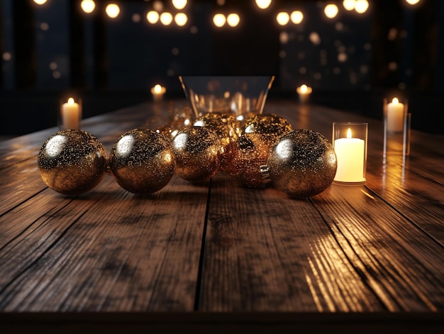 Foto houten tafel met kerstversieringen in een donkere kamer feestelijke achtergrond