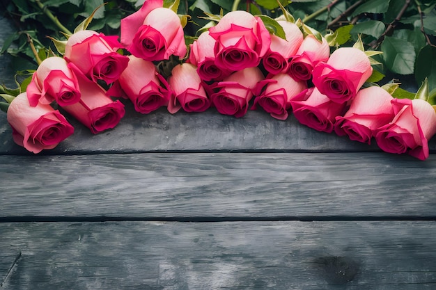 Houten tafel met levendige roze zomerrozen