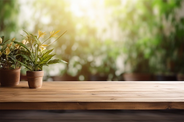 houten tafel met onscherpe achtergrond van plant wi