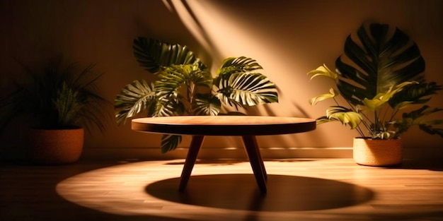 Houten tafel met plant eronder op de vloer