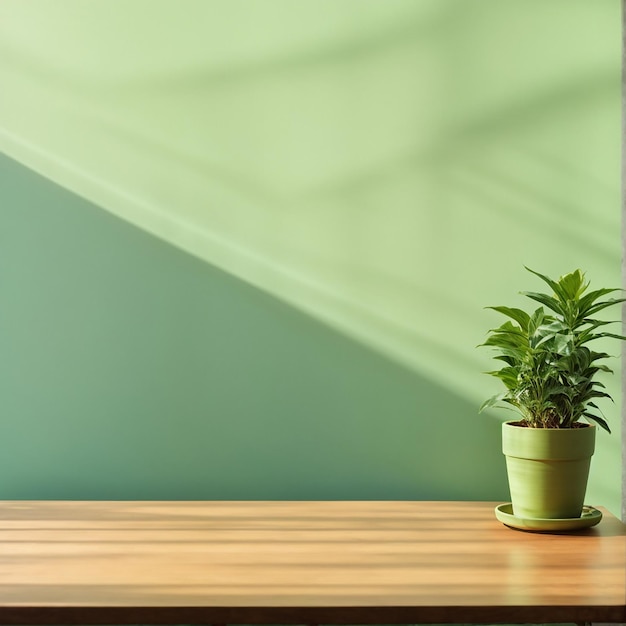 Houten tafel met plantenpot op lichtgroene muur met schaduw van zonlicht achtergrond Hoogwaardige foto