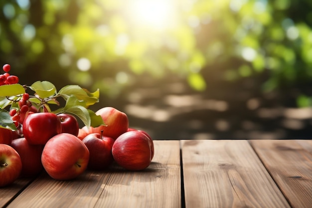 Houten tafel met rode appels en fruit Generatieve AI