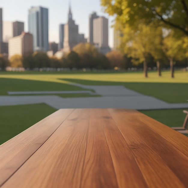 Foto houten tafel met stadspark wazige achtergrond gegenereerd door ai