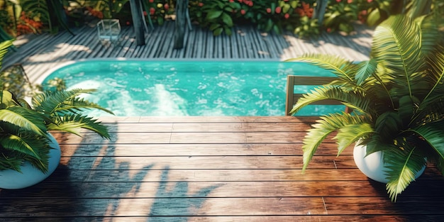 houten tafel met uitzicht op een zwembad in de stijl van softfocused realisme