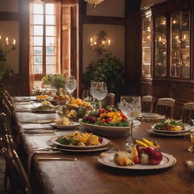 Houten tafel met uitzicht op het buffet