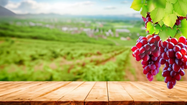 Houten tafel met verse rode druiven en vrije ruimte op de natuur vervaagt achtergrondwijngaardveld
