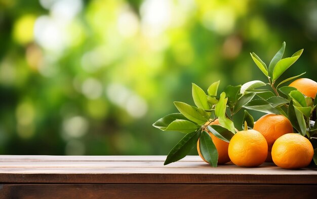 Houten tafel met verse sinaasappelvruchten en natuurlijke vrije ruimte Generatieve AI
