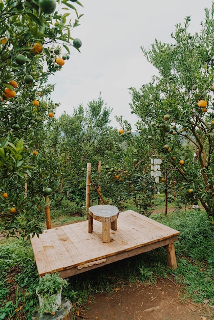 Houten tafel met zitje in oranje tuin