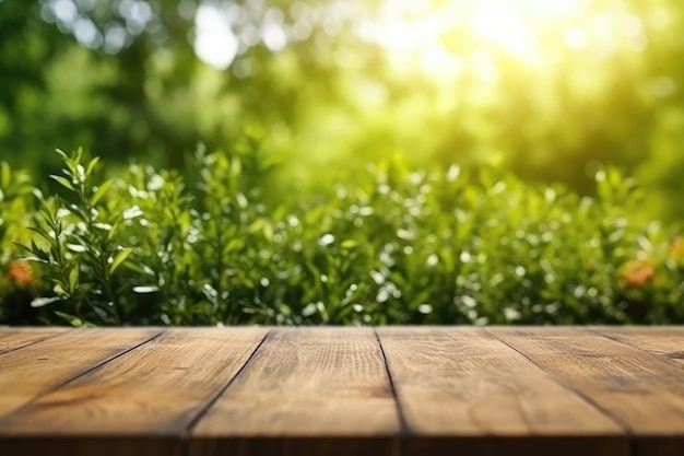 houten tafel omringd door groene zon en luchtige achtergrond overdag in de stijl van environmenta