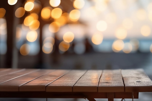 Houten tafel op achtergrond zeestrand bij zonsondergang