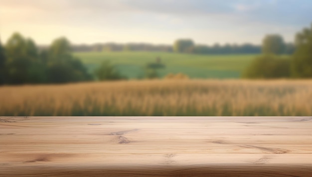 Houten tafel op de achtergrond van een veld met granen van blauwe lucht in de zomer