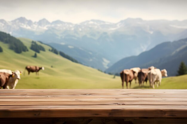 Houten tafel op de achtergrond van wazig alpengroene weide met koeien op zonnige zomerdag Neuraal netwerk gegenereerd in mei 2023 Niet gebaseerd op een echte persoonsscène of patroon