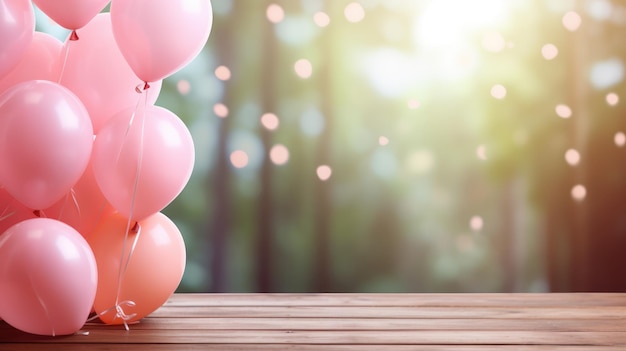 Houten tafel op de voorgrond Vervaagde bos achtergrond met roze ballonnen AI