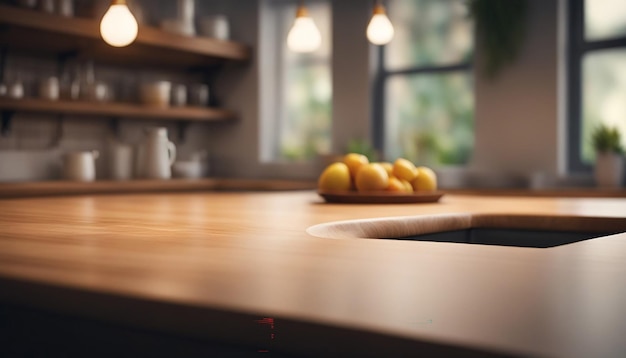 Houten tafel op een defocused keukenbank interieur achtergrond gegenereerd door AI