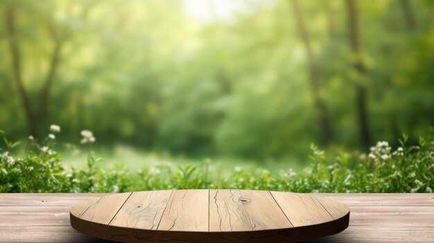 houten tafel op een groene grasachtige achtergrond