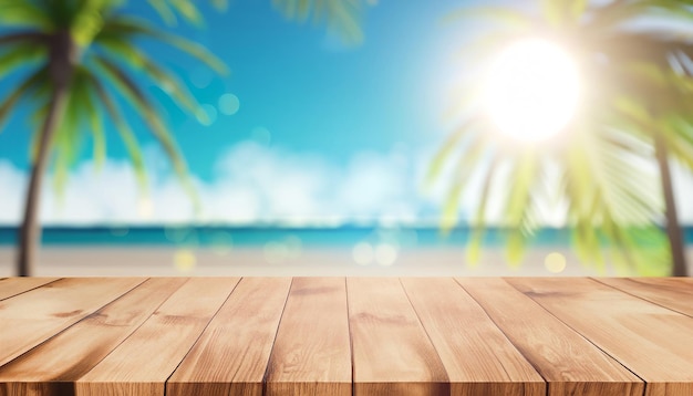 Houten tafel op een strand met een blauwe lucht en de zon erachter.