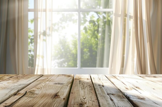 Houten tafel op een verfijnd raam met gordijnen op de achtergrond