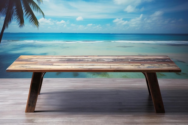Houten tafel op het strand met zee en blauwe hemel achtergrond