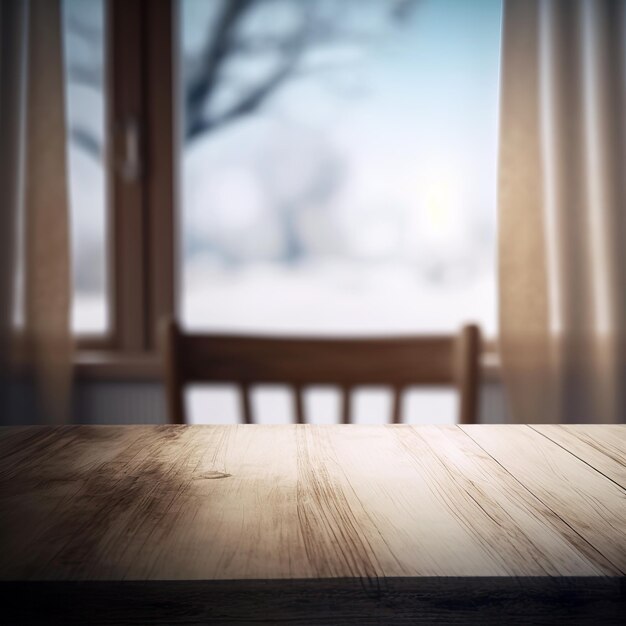 Houten tafel op onscherp raam met gordijn