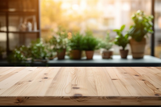 Houten tafel op wazige achtergrond van de keukenbank Leeg houten tafel en wazige achtergrond van de keuken Generatief Ai