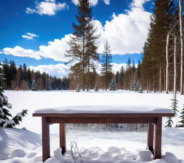 houten tafel prachtig winterlandschap met besneeuwde bomen