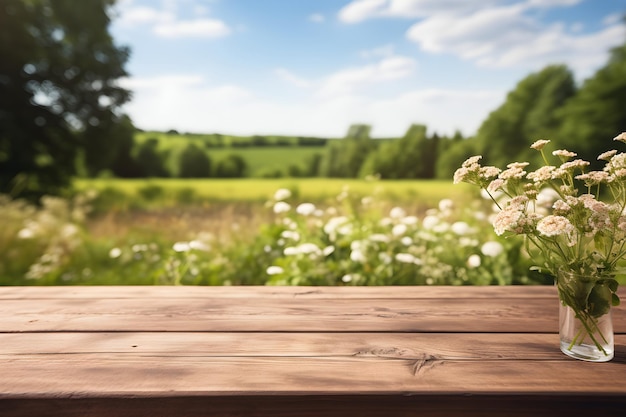 Houten tafel Product Display in de natuur Groene bomen Blauwe lucht