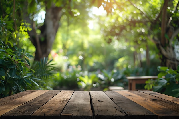 Houten tafel tegenover Blurred Zoo Scene Wildlife Exhibit