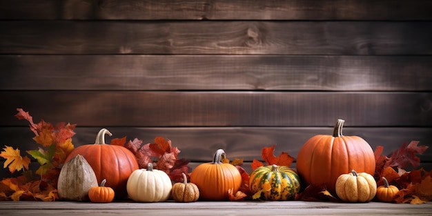 Houten tafel versierd met pompoenen en herfstbladeren