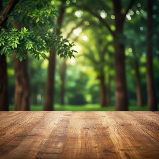 houten tafel voor de tentoonstelling van producten op een groene achtergrond Generatieve kunstmatige intelligentie