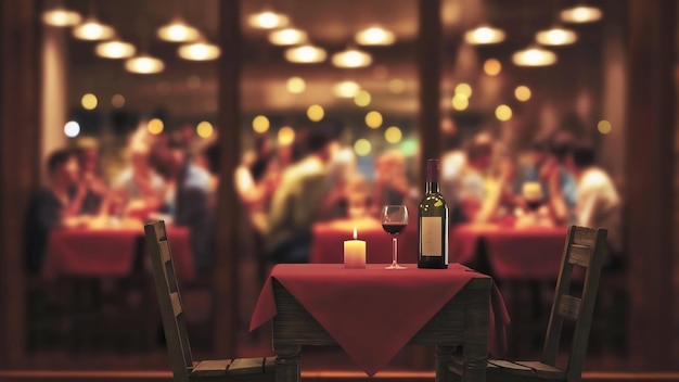 Houten tafel voor de vervaagde restaurantverlichting