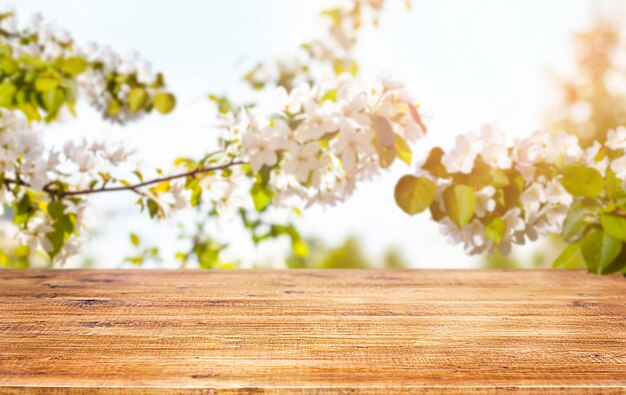 Houten tafel voor een bloeiende boom Lente achtergrond