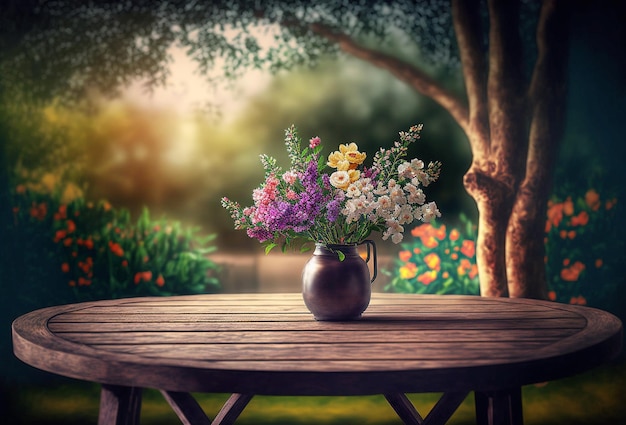 Houten tafel voor een object in de tuin met bloemen Generatieve AI