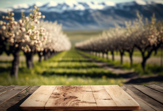 Houten tafel voor een object in de tuin met bloemen Generatieve AI